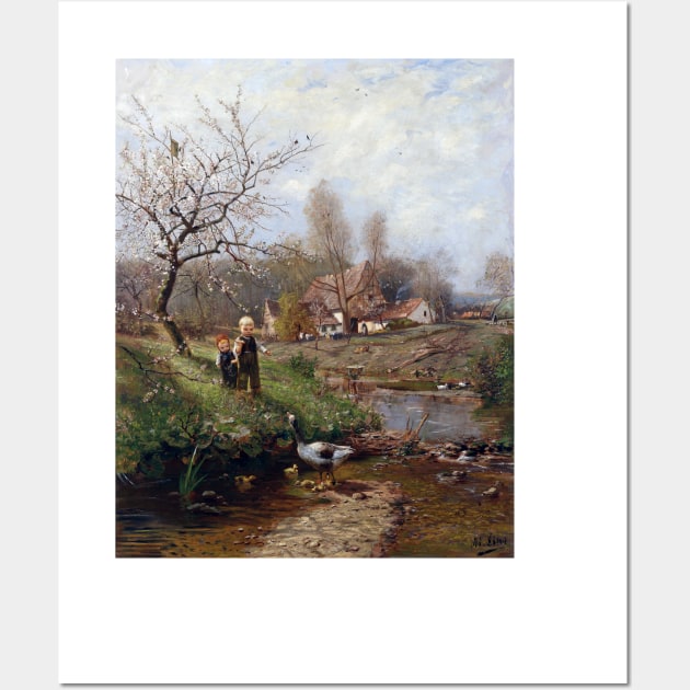 Adolf Lins Spring Landscape Two Children and Geese Wall Art by pdpress